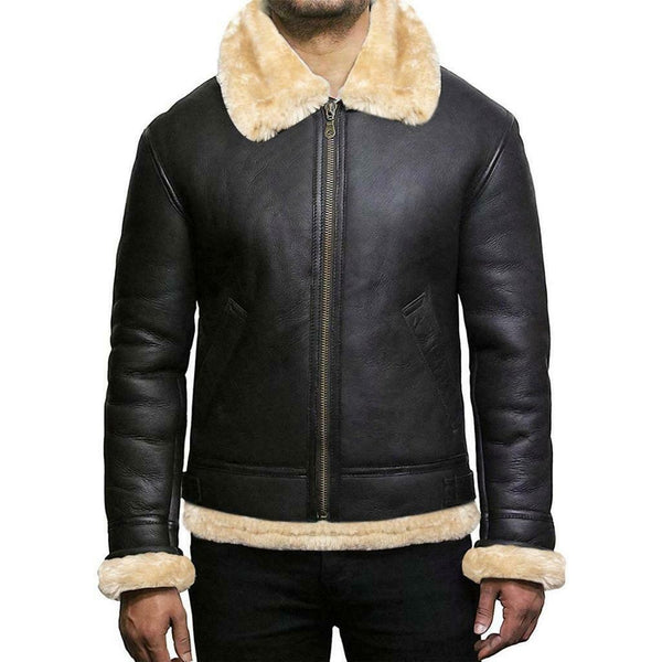 MEN'S RAF B3 BOMBER GINGER AVIATOR REAL LEATHER JACKET SHEEP SKIN PILOT FLYING Black WINTER COAT