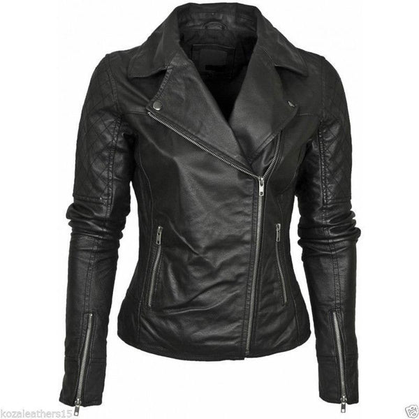 Womens Black Genuine Leather Biker Jacket