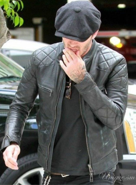 Men's Black David Beckham Real Leather Jacket Biker Vintage Slim Fit Sheep leather