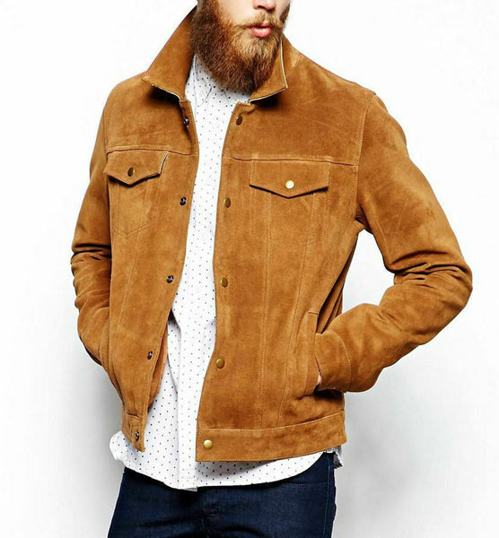 Men's Tan Suede Genuine Leather Button-up Jacket Trucker Vintage Style Collared
