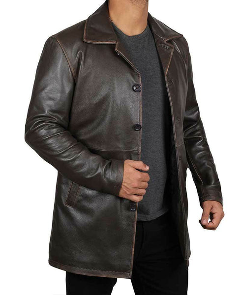 Men's Dark Brown Vintage Genuine Rub-off Cowhide Plain Leather Blazer Jacket Coat