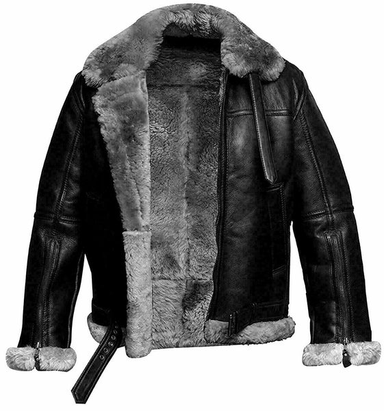 Men's RAF Bomber Ginger Aviator Real Leather Jacket Sheep Skin Pilot Flying Black Winter Coat