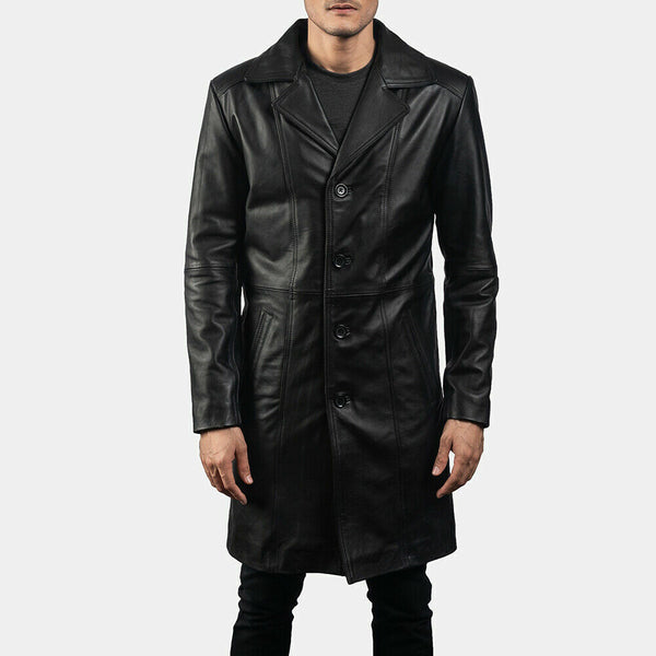 Men's Black Coat Slim Fit Real Sheep Leather Long Winter Jacket Knee Length Coat