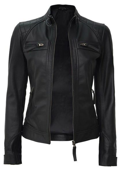 Women's Black Slim Fit Biker Lambskin Leather Jacket