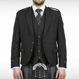 Scottish Argyle Kilt Jacket & Vest Charcoal Grey Pure Wool Men's Wedding Jacket