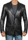 Mens Genuine Lambskin Leather Blazer Jacket Coat Two Button Black Slim Fit Coat