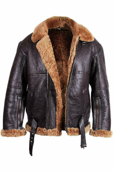 Men's RAF B3 Bomber Ginger Aviator Real Leather Jacket Sheep Skin Pilot Flying Dark Brown Winter Coat