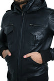 MENS BLACK REAL SHEEP LEATHER HOODED BOMBER LEATHER JACKET SLIM FIT BIKER BLACK