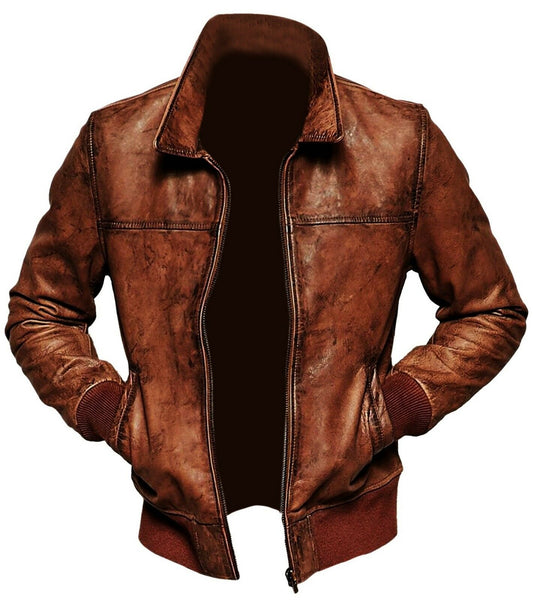 MENS DISTRESSED VINTAGE BROWN REAL LEATHER BOMBER JACKET FULL COLLAR JACKET