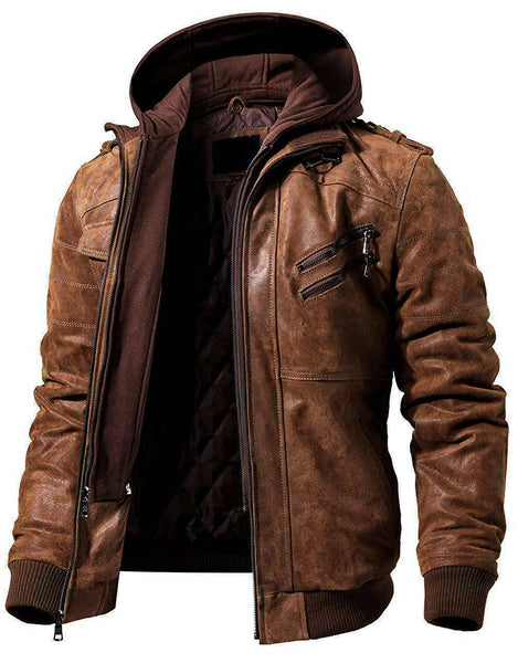 Men's Casual Stand Collar Distressed Brown Real Leather Zip-Up Biker Jacket Removable Hood