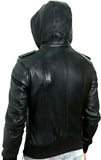 MENS BLACK REAL SHEEP LEATHER HOODED BOMBER LEATHER JACKET SLIM FIT BIKER BLACK