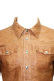 Men's Casual Biker Vintage Waxed Distressed TAN Real Leather Shirt Retro Moto