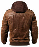 Men's Casual Stand Collar Distressed Brown Real Leather Zip-Up Biker Jacket Removable Hood