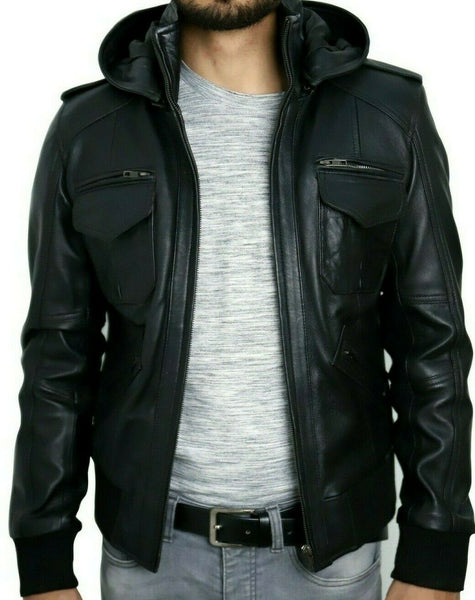 MENS BLACK REAL SHEEP LEATHER HOODED BOMBER LEATHER JACKET SLIM FIT BIKER BLACK