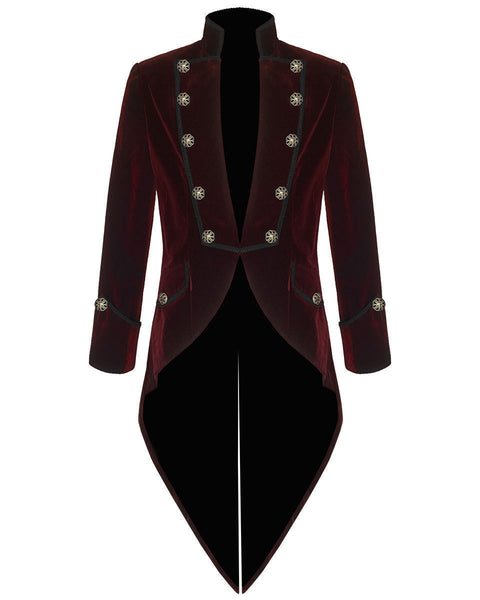 Mens Steampunk Vintage Red Tailcoat Gothic Jacket Velvet Victorian Frock Coat