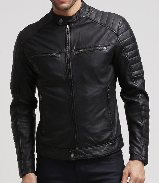 Men's Fashion Sheep Leather Slim Fit Biker Style Casual Jacket Black