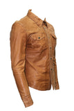 Men's Casual Biker Vintage Waxed Distressed TAN Real Leather Shirt Retro Moto