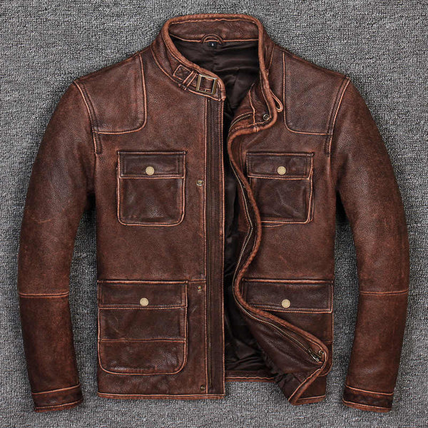 Men's Vintage Brown Leather Jacket Biker Style Motorcycle Real Leather Jacket Coat