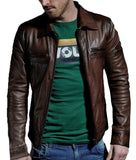 Men's Real Leather Slim Fit Black & Vintage Brown Sheep Leather Spread Collar Jacket