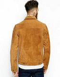 Men's Tan Suede Genuine Leather Button-up Jacket Trucker Vintage Style Collared