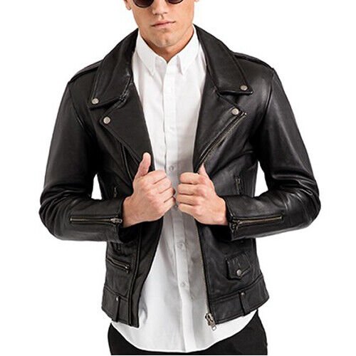 NEW MENS BRANDO BLACK LEATHER JACKET ASYMMETRICAL SLIM FIT REAL LEATHER BIKER