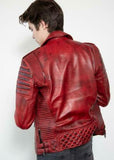 MENS GENUINE LEATHER JACKET WAXED VINTAGE  RED DIAMOND QUILTED SLIM FIT JACKET