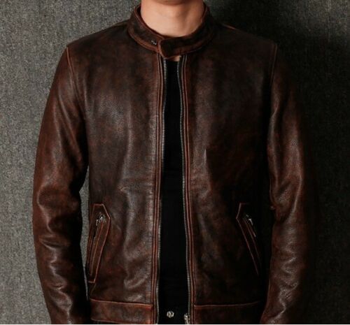 Men's Biker Vintage Brown Café Racer Distressed Genuine Leather Jacket