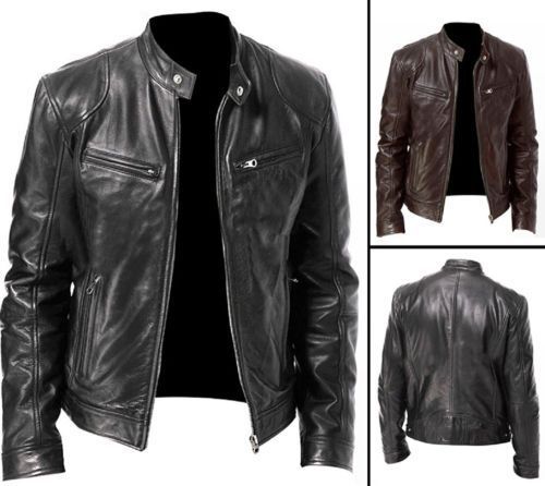 MEN'S VINTAGE CAFE RACER BLACK BROWN GENUINE LEATHER SLIM FIT RETRO BIKER JACKET