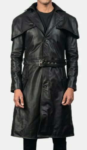 Men's Black Trench Coat Slim Fit Cowhide Leather Long Winter Jacket Knee Length