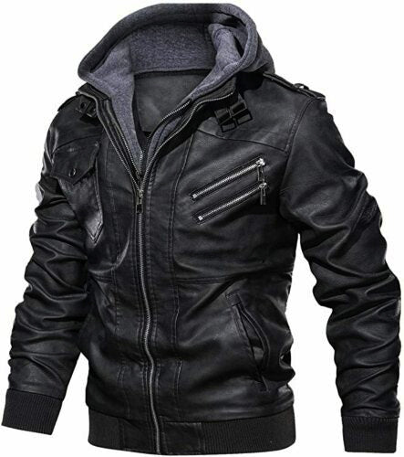 Men's Casual Stand Collar Black Sheep Leather Zip-Up Biker Jacket Removable Hood