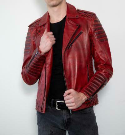 MENS GENUINE LEATHER JACKET WAXED VINTAGE  RED DIAMOND QUILTED SLIM FIT JACKET