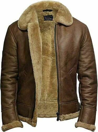 MEN'S RAF B3 BOMBER GINGER AVIATOR REAL LEATHER JACKET SHEEP SKIN PILOT FLYING Brown WINTER COAT