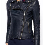 Womens Assymetrical Motorcycle Navy Blue Leather Jacket