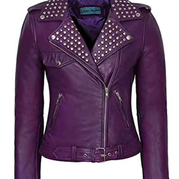 Women's Vintage Biker Designer Studded Waxed Purple Brando Leather Jacket