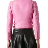 Womens Biker Quilted Assymetrical Pink Leather Jacket