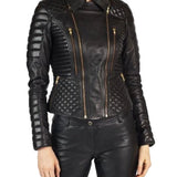 Womens Padded And Quilted Motorbike Black Leather Jacket