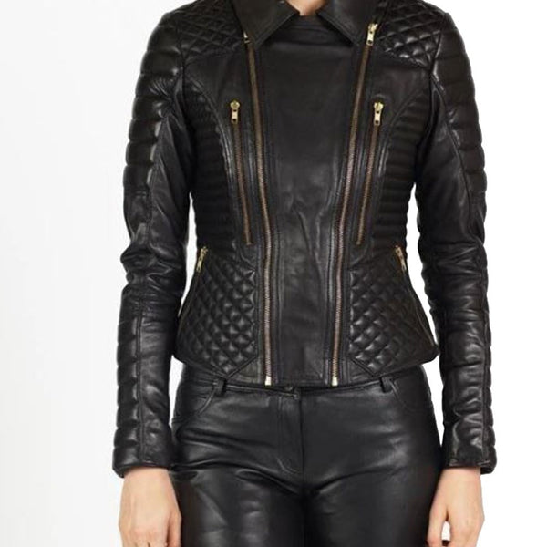 Womens Padded And Quilted Motorbike Black Leather Jacket