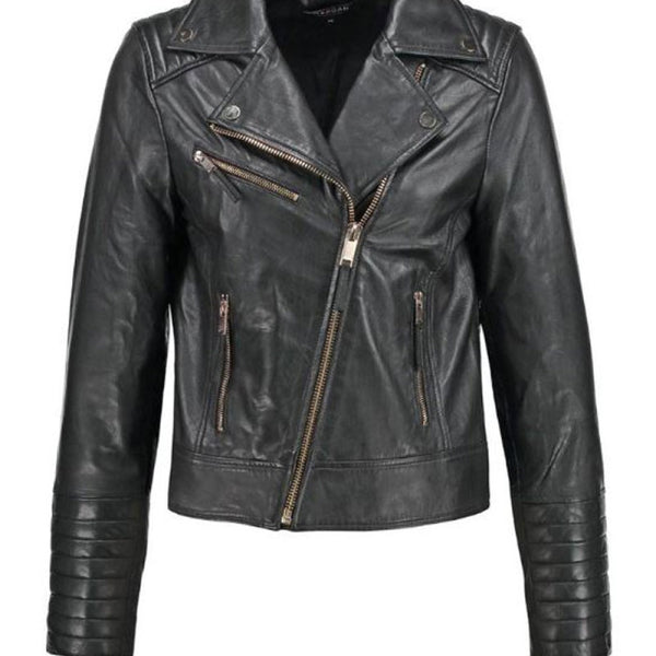 Womens Assymetrical Padded Leather Biker Jacket