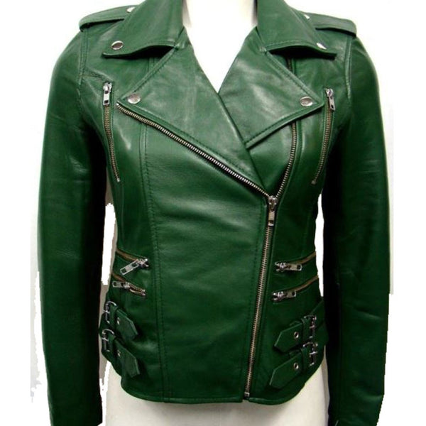 Womens Assymetrical Buckle Green Biker Leather Jacket