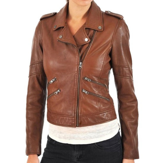 Womens Assymetrical Zipper Brown Biker Leather Jacket