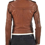 Womens Assymetrical Zipper Brown Biker Leather Jacket