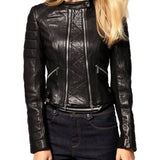 Womens Design Double Zipper Black Leather Biker Jacket