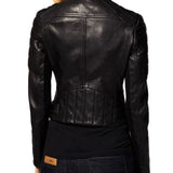 Womens Design Double Zipper Black Leather Biker Jacket