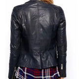 Womens Assymetrical Motorcycle Navy Blue Leather Jacket