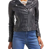 Womens Diamond Quilted Motorbike Black Leather Jacket