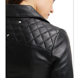 Womens Assymetrical Belted Motorcycle Black Leather Jacket