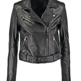 Womens Assymetrical Belted Motorcycle Black Leather Jacket