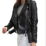 Womens Assymetrical Belted Motorcycle Black Leather Jacket