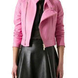 Womens Biker Quilted Assymetrical Pink Leather Jacket