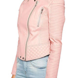 Womens Quilted And Padded Biker Pink Leather Jacket